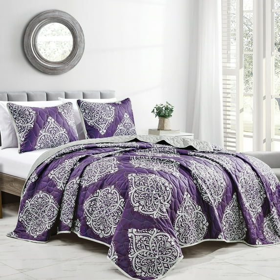 ESCA 3-Piece Purple White-Silver Damask LACHLAN Reversible Quilt Set - King/Cal King