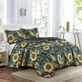 thumbnail image 1 of ESCA 3-Piece Sunflower Quilt Set with 2 Pillow Shams - Black/Yellow/Green Lightweight Reversible Floral Bedspread - King Size, 1 of 4