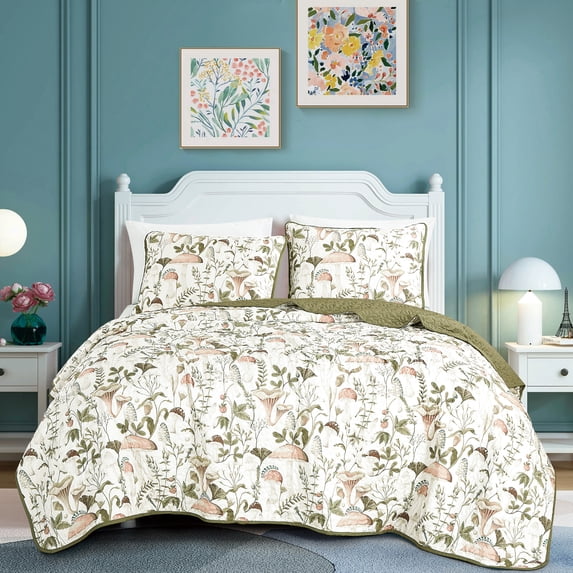 ESCA 3-Piece Teige Olive Mushroom Bedspread Set with 2 Pillow Shams, Mushroom Quilt Set King Size