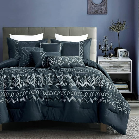ESCA 7-Piece Asma Dark Teal Blue Embroidery Comforter & Sheet Set Bedding Set Breathable, All Season, Soft & Lightweight - Queen Size