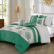 ESCA 7-Piece Bluma Green Gray Embroidery Pintuck Comforter Bedding Set - OEKO-TEX Standard 100, Breathable, All Season, Soft & Lightweight - King/Cal King Size