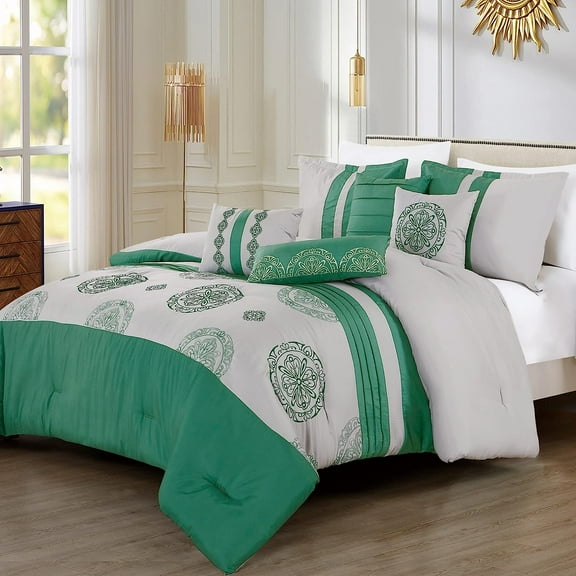 ESCA 7-Piece Bluma Green Gray Embroidery Pintuck Comforter Bedding Set - OEKO-TEX Standard 100, Breathable, All Season, Soft & Lightweight - Queen Size