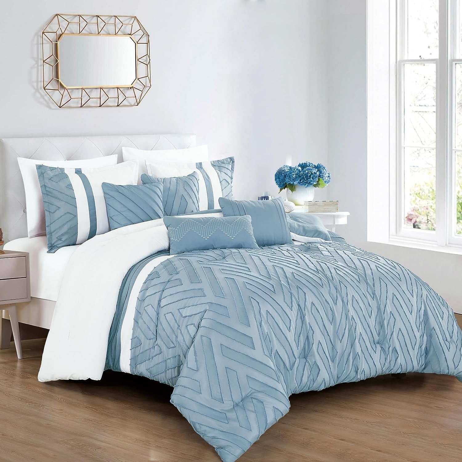 ESCA 7Piece Brady Sky Blue Embroidery Comforter Bedding Set OEKOTEX