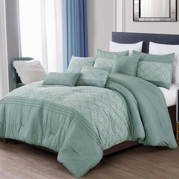 ESCA 7-Piece Brenda Teal White Embroidery Pintuck Comforter Bedding Set - OEKO-TEX Standard 100, Breathable, All Season, Soft & Lightweight - Queen Size