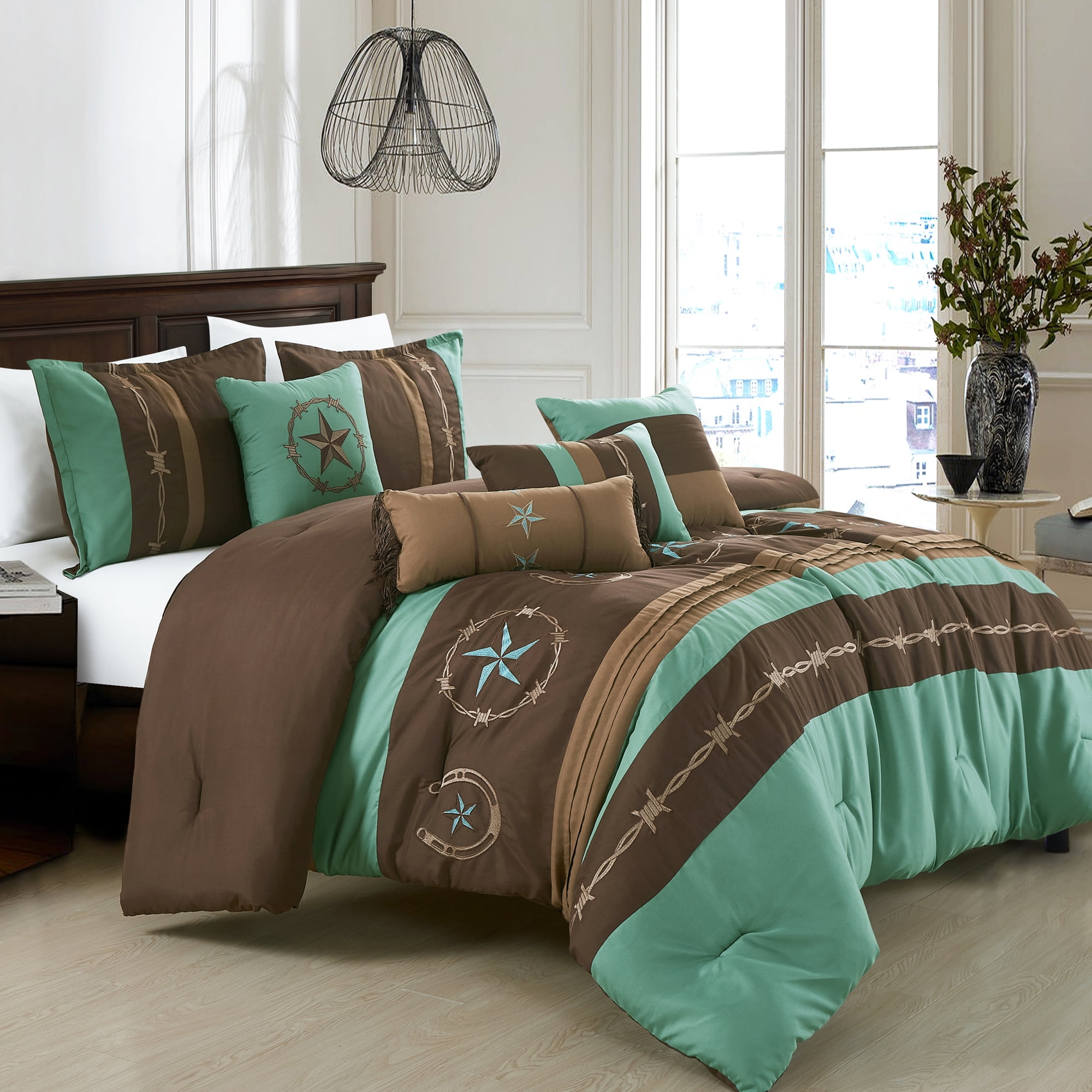 King Size Brown and Teal Microfiber 7-Piece Comforter Set