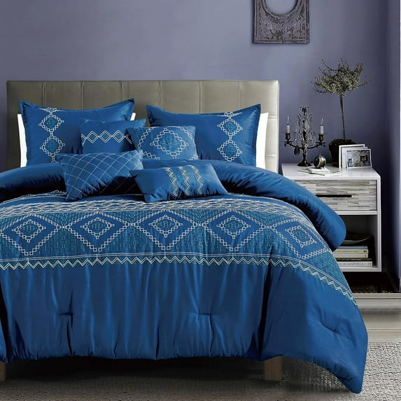 ESCA 7-Piece Eshey Sapphire Blue Embroidery Comforter & Sheet Set Bedding Set Breathable, All Season, Soft & Lightweight - King/Cal King Size