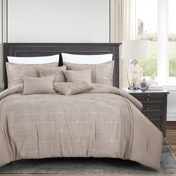 ESCA 7-Piece Hausis Greige Embroidery Comforter Bedding Set - OEKO-TEX Standard 100, Breathable, All Season, Extra Soft, Lightweight - Queen Size