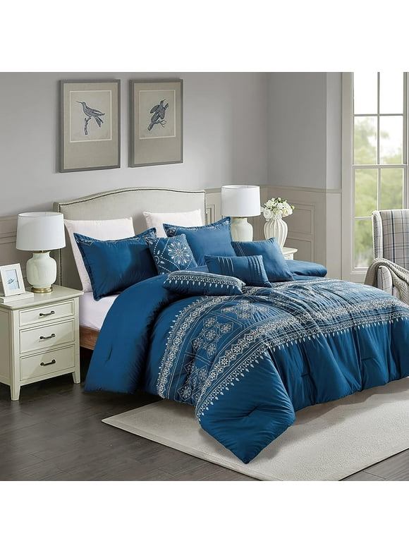 ESCA 7-Piece Indira Sapphire Blue Comforter & Sheet Set Bedding Set Breathable, All Season, Soft & Lightweight - King/Cal King Size