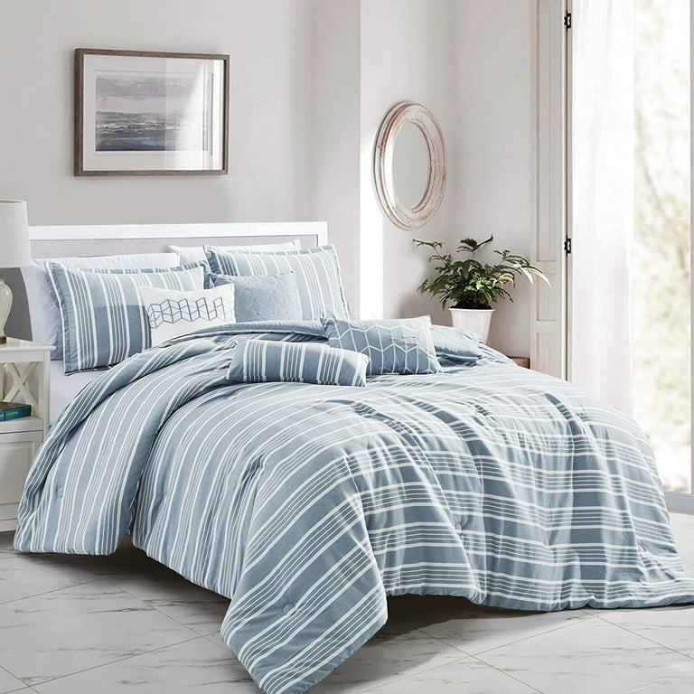 ESCA 7-Piece Juda Yarn Dyed Blue White Striped Comforter & Sheet Set  Bedding Set - King/Cal King Size 