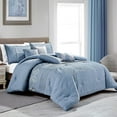 thumbnail image 1 of ESCA 7-Piece Kaede Blue Silver Embroidery Pintuck & Real Quilting Comforter Bedding Set - OEKO-TEX Standard 100, Breathable, All Season, Soft & Lightweight - Queen Size, 1 of 4