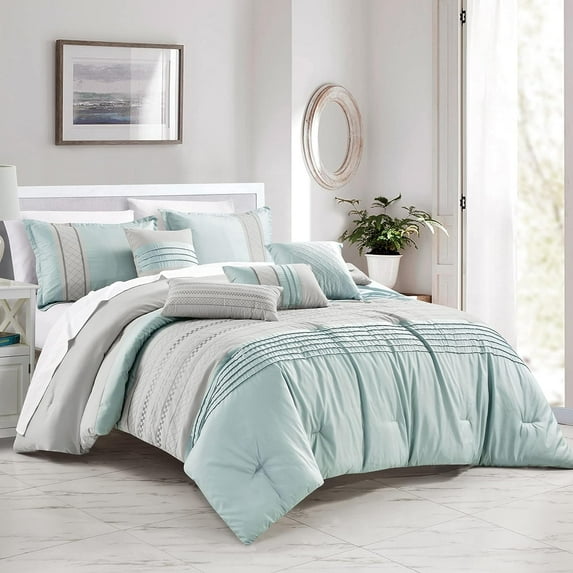 ESCA 7-Piece Labana Blue Gray Embroidery Pintuck Comforter Bedding Set - OEKO-TEX Standard 100, Breathable, All Season, Soft & Lightweight - King/Cal King Size