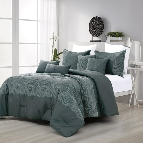 ESCA 7-Piece Lena Dark Teal Embroidery Comforter Bedding Set - OEKO-TEX Standard 100, Breathable, All Season, Extra Soft, Lightweight - Queen Size