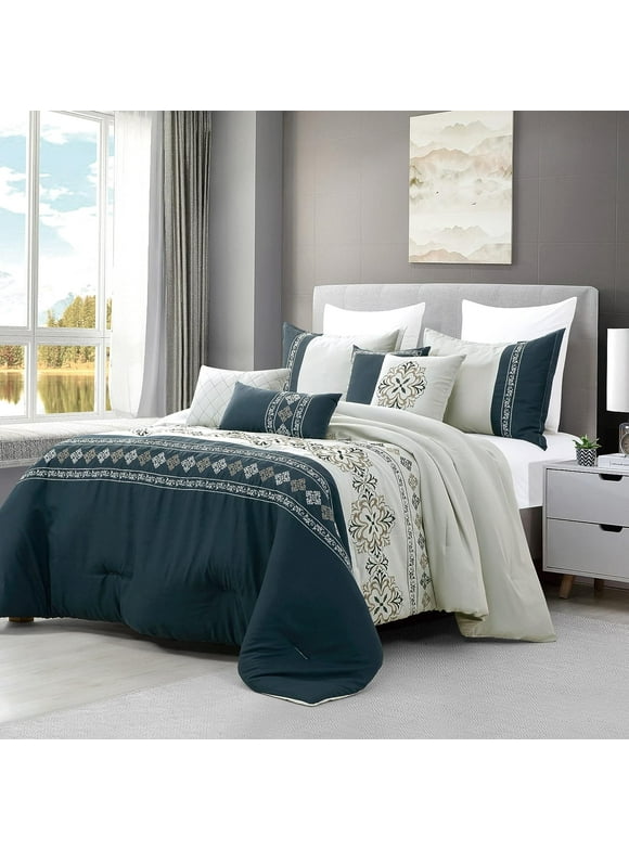 ESCA 7-Piece Levana Teal & Gray Embroidery Comforter Bedding Set - OEKO-TEX Standard 100, Breathable, All Season, Extra Soft, Lightweight - King/Cal King Size