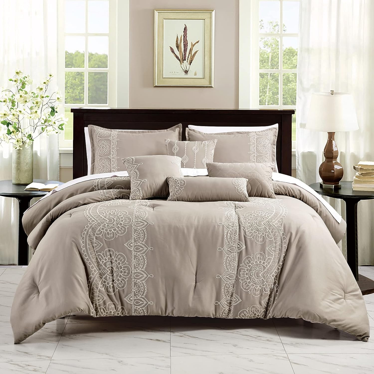Marcail Greige Gray Embroidered 7-Piece Queen Comforter Set