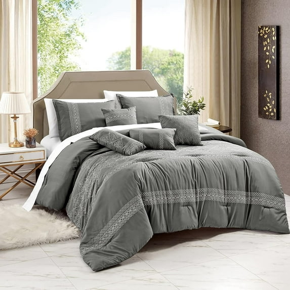 ESCA 7-Piece Marcail Pure Gray Embroidery Comforter Bedding Set OEKO-TEX Standard 100, Breathable, All Season, Soft & Lightweight - King/Cal King Size