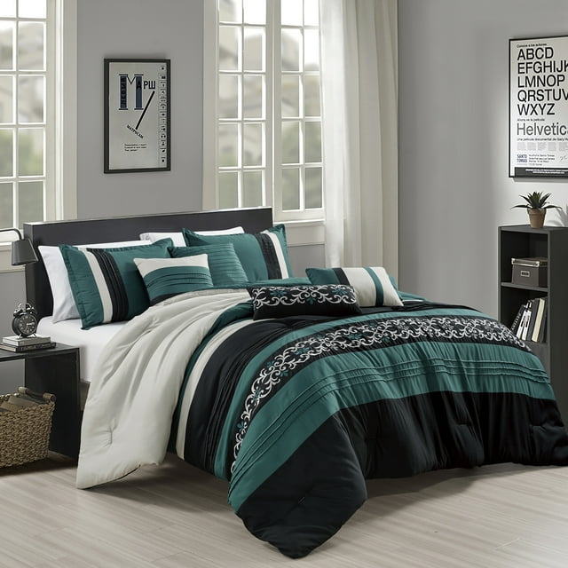ESCA 7-Piece Black and Green Comforter Set - Queen Size, Embroidery Design - Walmart.com
