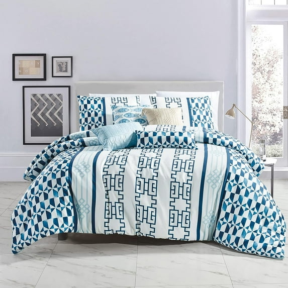 ESCA 7-Piece Nadifa Blue Geometric Comforter Bedding Set - OEKO-TEX Standard 100, Breathable, All Season, Extra Soft, Lightweight - King/Cal King Size