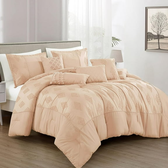ESCA 7-Piece Severa Peach Pink Embroidery Comforter Bedding Set - OEKO-TEX Standard 100, Breathable, All Season, Extra Soft, Lightweight - King/Cal King Size