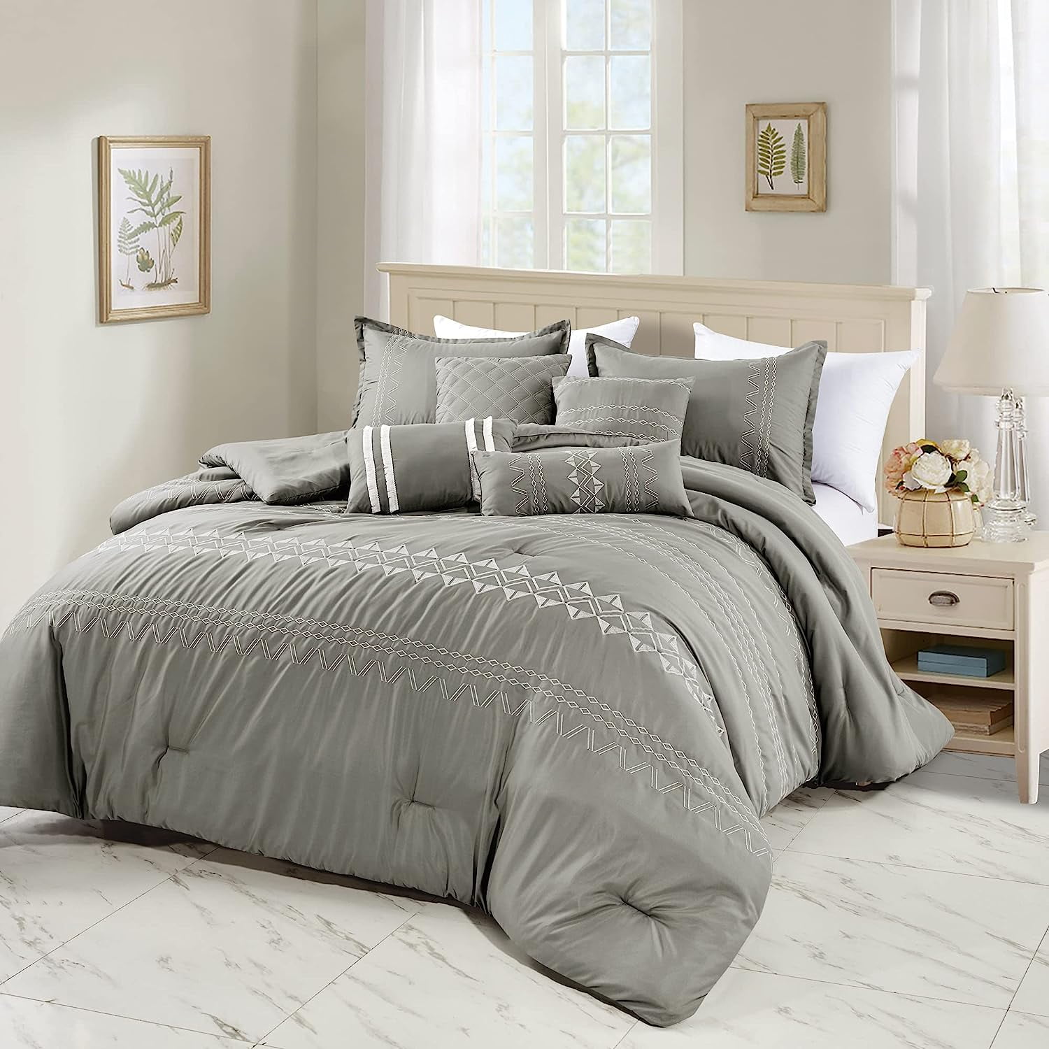 ESCA 7-Piece Yamilla Gray Embroidery Comforter Bedding Set OEKO-TEX ...