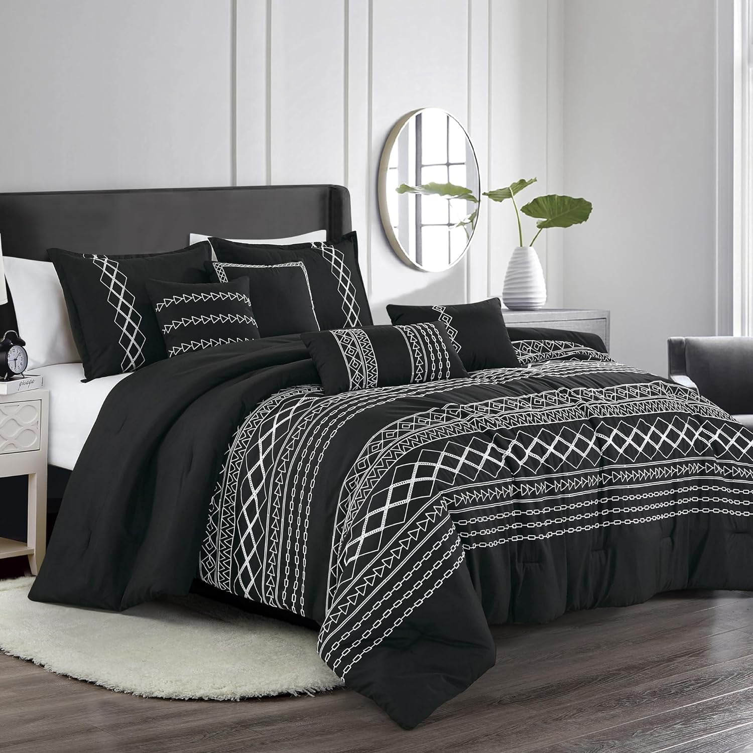 ESCA 7-Piece Yihana Black & White Boho Geometric Embroidery Comforter ...