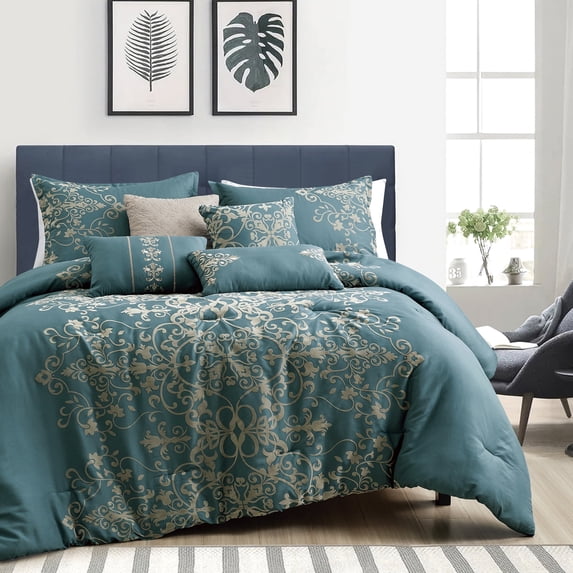 ESCA 7-Pieces Blue Comforter Set , Damask Flocked Bedding Set - Queen Size