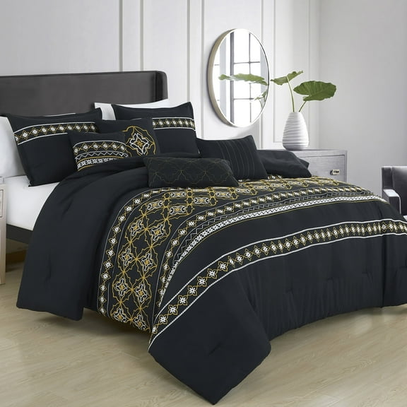 ESCA 7-Pieces Boho Black and Yellow Comforter Set, Yellow and Black Bedding Set - Queen Size