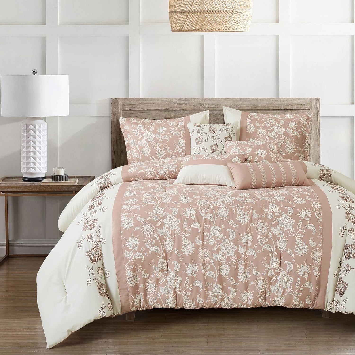 Kabibe Pink and Off-White Microfiber King Comforter Set with Embroidery