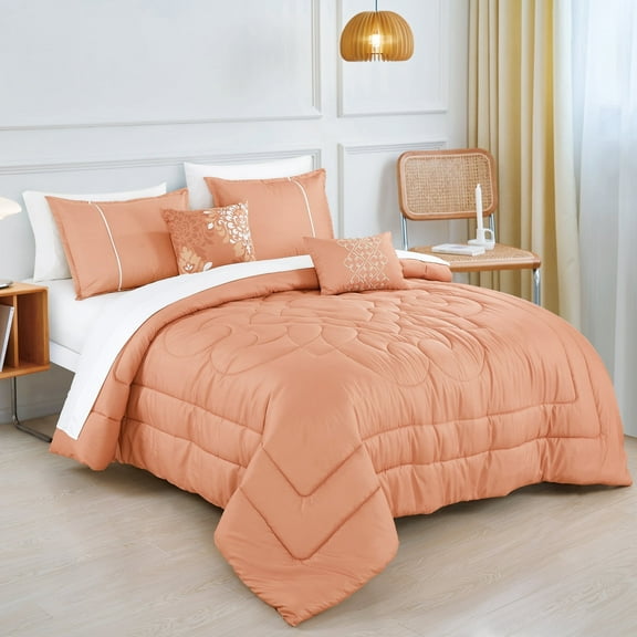 ESCA Bed in a Bag 9-Piece Purity Coral Pink Floral Quilted Comforter & Sheet Set - Queen Size