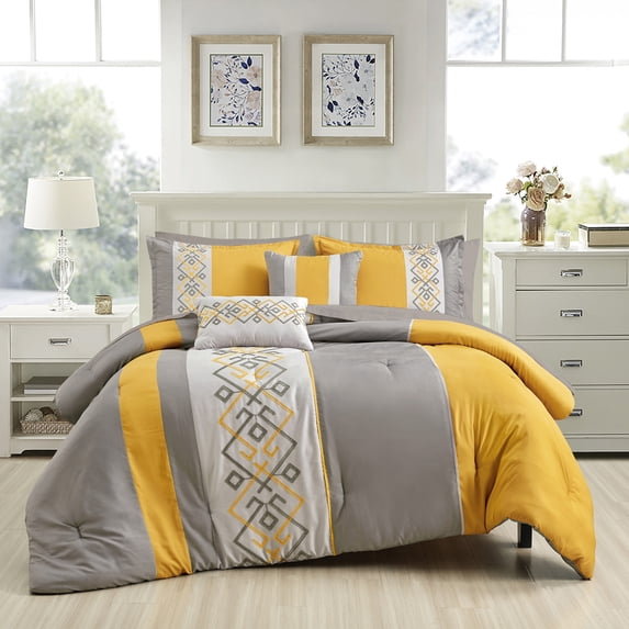 ESCA Bed-in-a-Bag 9-Pieces Nelsey Yellow and Gray Comforter & Sheet Set, Embroidered Bedding Set - Cal King Size
