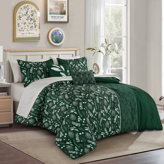 ESCA Bed-in-a-Bag 9-Pieces Quenby Floral Gray and Green Comforter & Sheet Set, Floral Bedding Set - King Size
