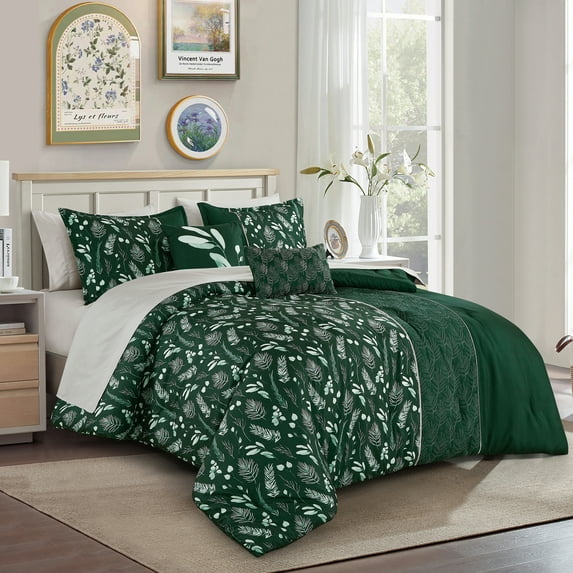 ESCA Bed-in-a-Bag 9-Pieces Quenby Floral Gray and Green Comforter & Sheet Set, Floral Bedding Set - Queen Size