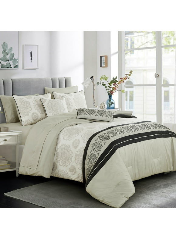 ESCA Bed-in-a-Bag 9-Piece Aziza Beige Grey & Black Medallion Comforter & Sheet Set Bedding Set - King Size