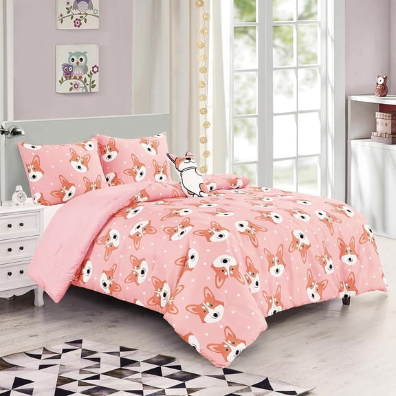 ESCA Corgi-Face Pink Reversible Comforter Set with Pillow Shams, Toy Throw Pillow Cushion - Full/Queen Sizes - All Season