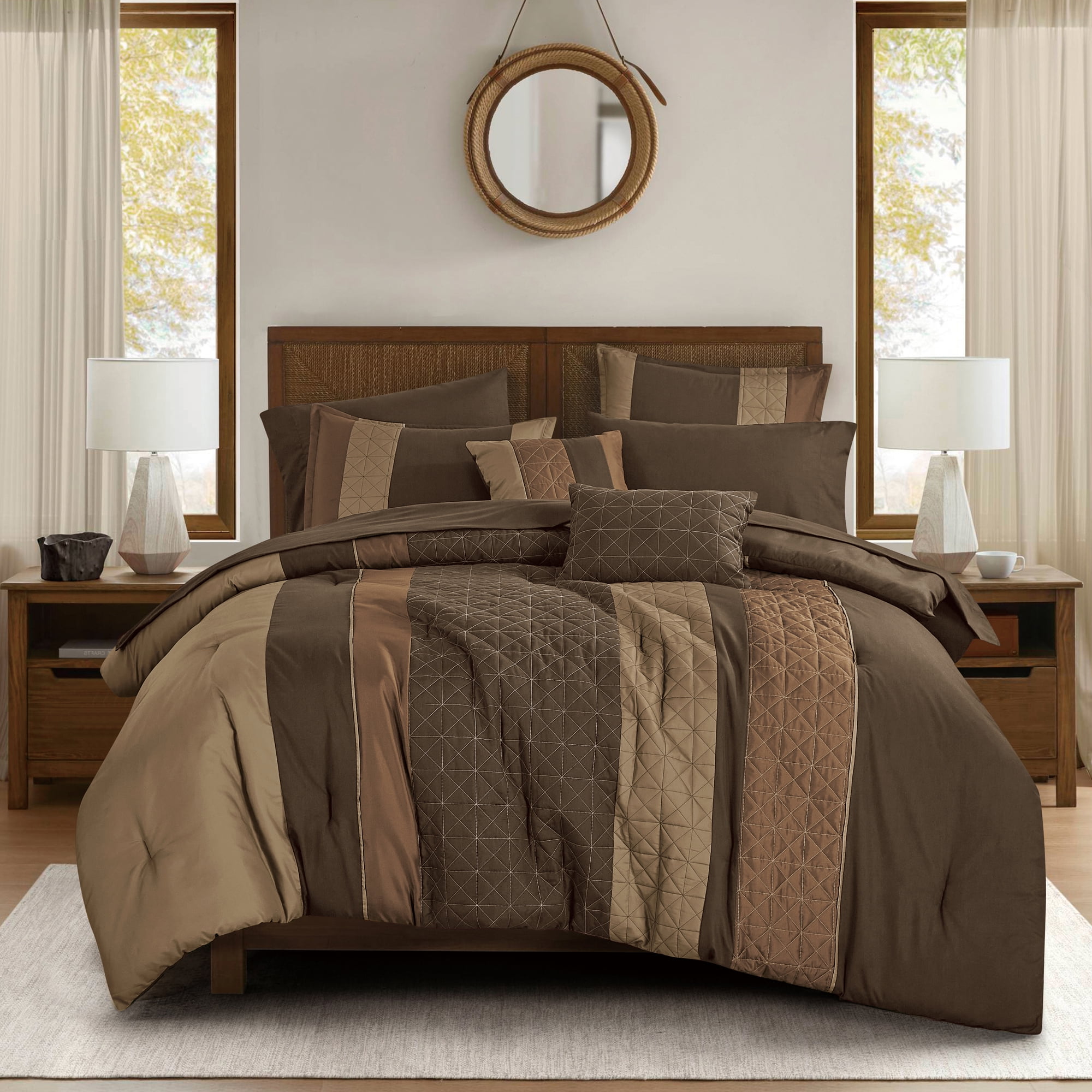 ESCA Elihu 9‑Piece Luxury Bed‑in‑a‑Bag Comforter Set, Brown Rustic Patchwork Geometric Quilted Bedding,CAL.KING