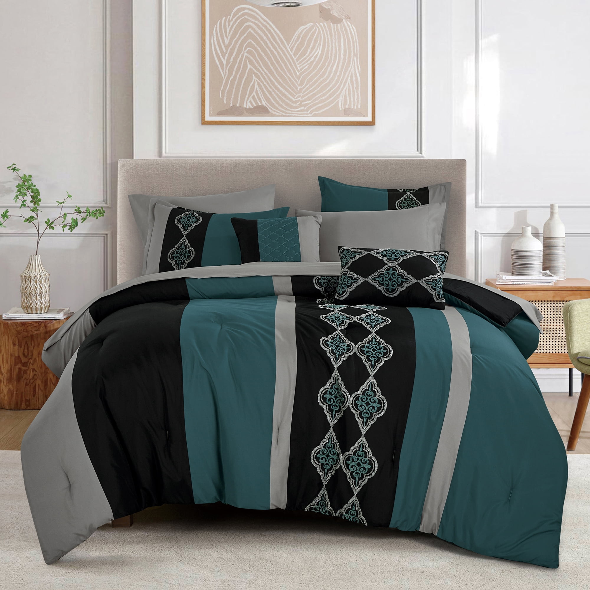 ESCA Elton 9‑Piece Bed‑in‑a‑Bag Comforter Set, Black Teal Gray Patchwork with Cord Embroidery Damask Bedding,KING