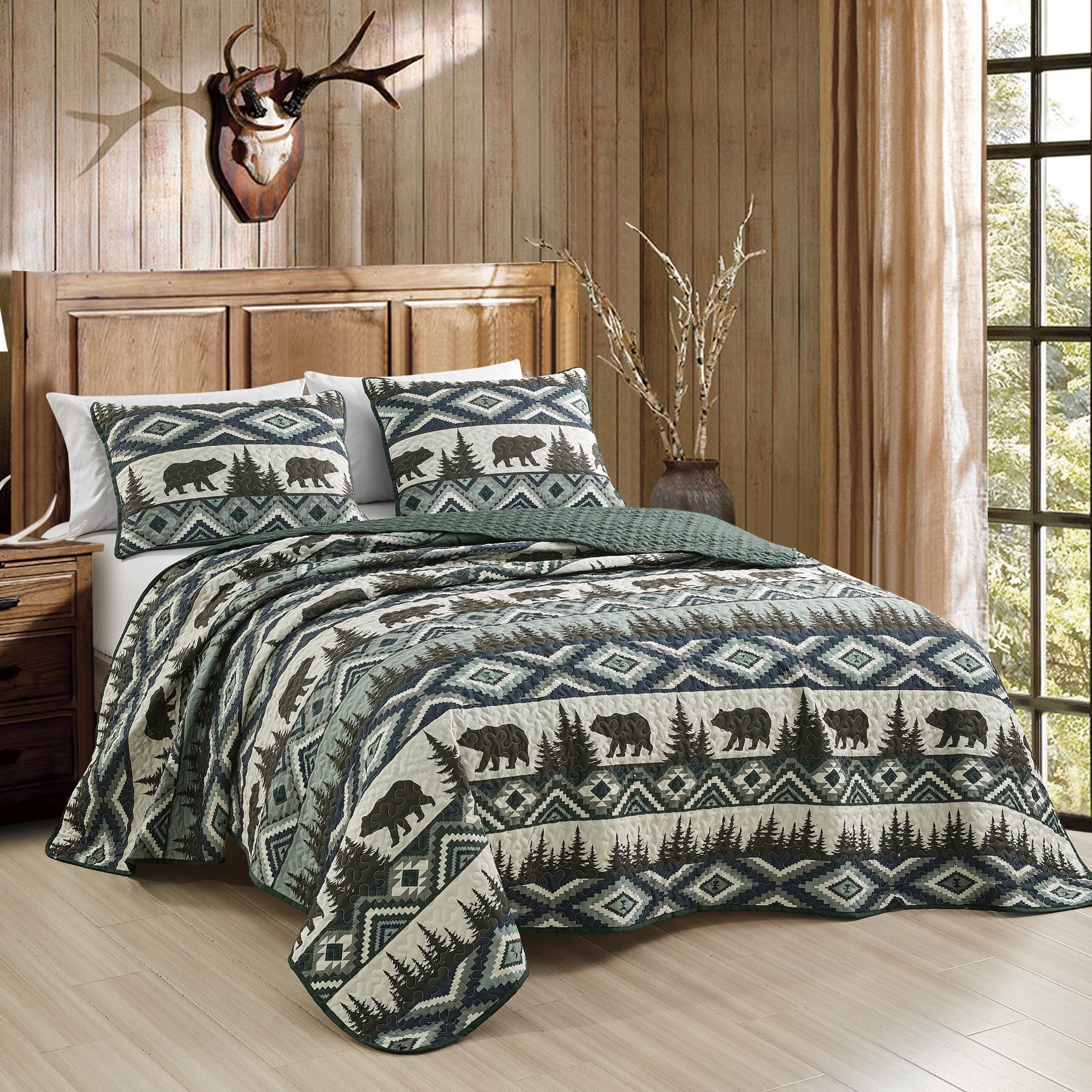 Farmhouse Boho Brown Bear Reversible Bedspread Set, Full/Queen
