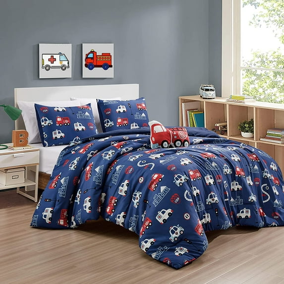 ESCA Fire Truck Navy Blue Reversible Comforter Set with Pillow Shams, Toy Throw Pillow Cushion - Full/Queen Sizes - All Season