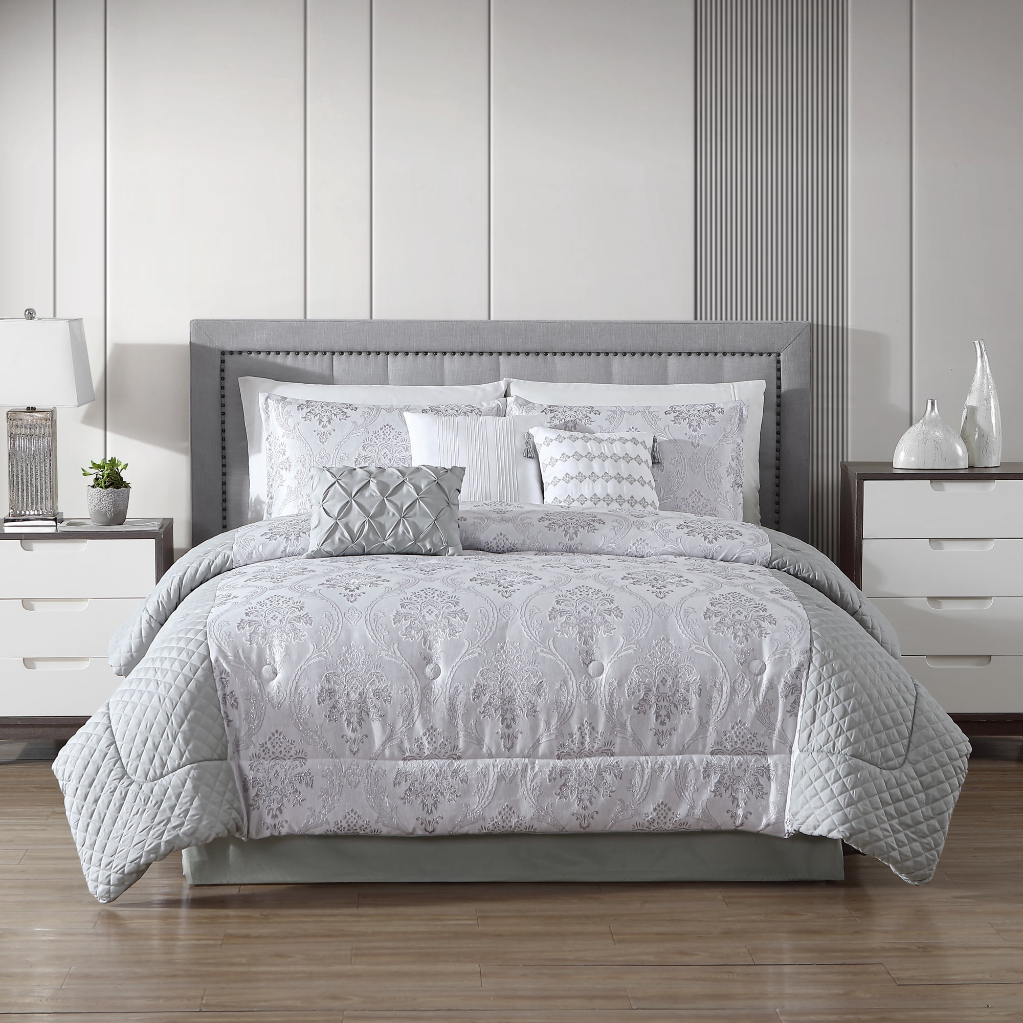 ESCA Hariti 7‑Piece Luxury Comforter Bed‑in‑a‑Bag Set, Light Grey Damask Pattern Bedding Set,KING