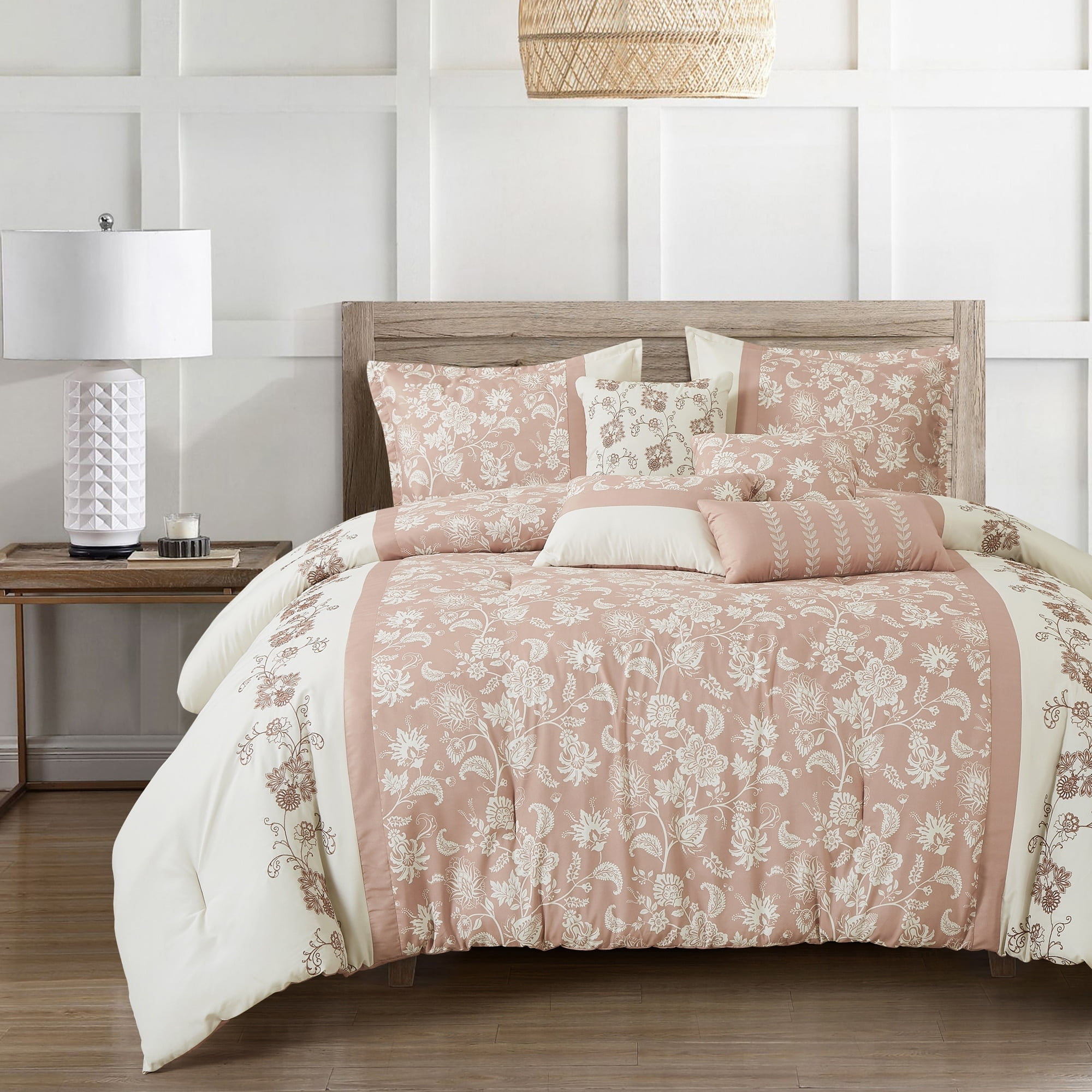 Queen White and Pink Floral Microfiber Comforter Set