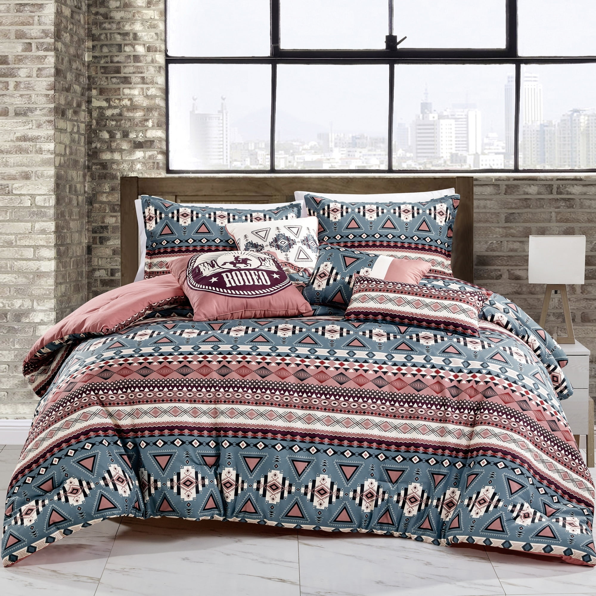 Blue and Pink Microfiber Queen Bed in a Bag Set