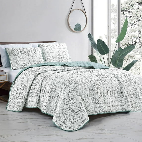 ESCA Modern 3-Piece Black White Geometric Quilt Bedding Sets, Queen