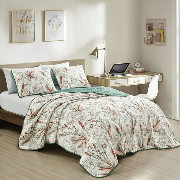 ESCA Modern Flowers Polyester Quilt Bedspread Coverlet, Queen Reversible (3 Piece)