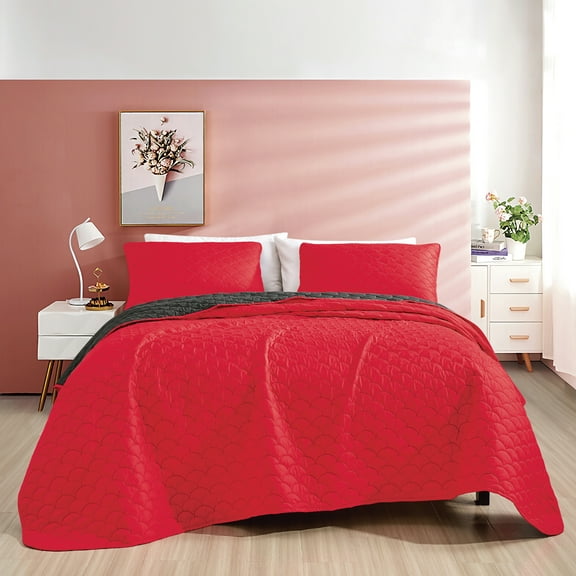 ESCA Sesha Red Bedspread Set King Size 3-Piece Reversible Black Quilt Set