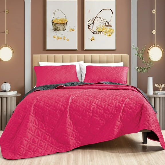 ESCA Taura Hot Pink Bedspread Set Queen Size, 3-Piece Reversible Black Quilt