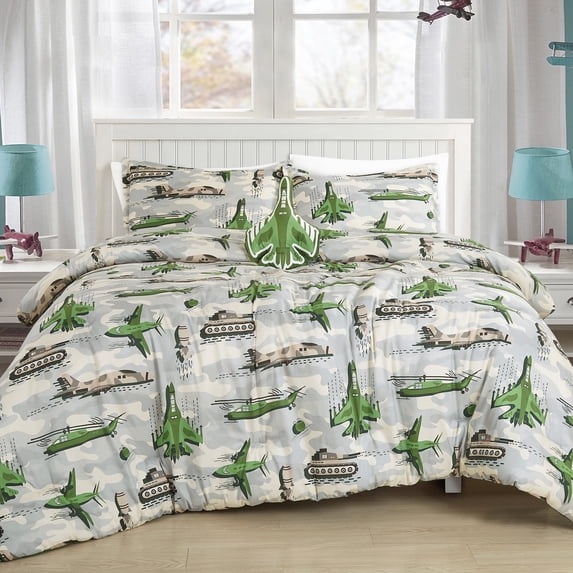 ESCA US Army Military Kids Comforter Set - Full/Queen Size, Green Comforter Set with Fighter Jet Toy Throw Pillow - for Boys Girls