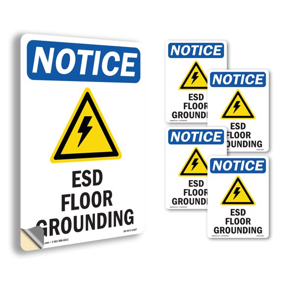 ESD Floor Grounding With Symbol OSHA Notice Vinyl Decal Label 5 Inch x 3.5 Inch - 5 Pack