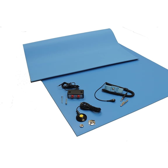 ESD Mat Kit with a Wrist Strap and Grounding Cord, Dual Grounding, Three Layer Vinyl, 30" X 60" (2.5' Wide x 5' Long x 0.125" Thick), Blue