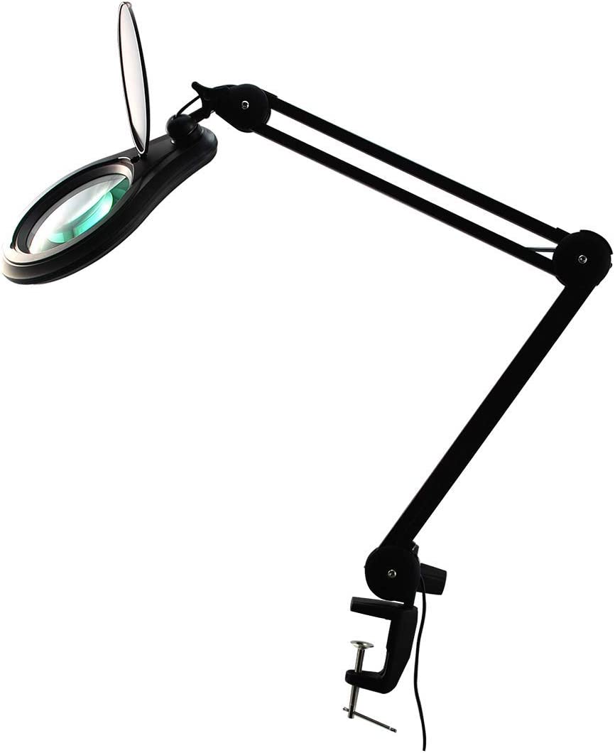 ESD Safe (Glass Lens) Professional LED Magnifying Lamp with Clamp (3  Diopter, 1.75X Magnification) Dimmable Work Light, Daylight Bright, 1200  Lumens 5600K-6000K, 60 SMD LEDs 