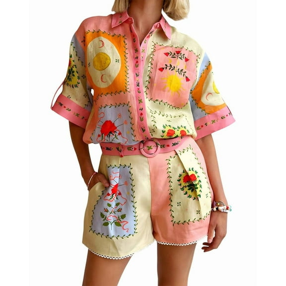 ESEA womens  2pc Linen-Blend Shirt & Short Set, 8
