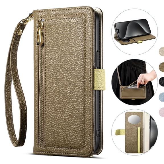 ESEBLE Leather For Samsung Galaxy S25 FE 5G Case With 3-Card Holder Zipper Bills Slot, Makeup Mirror,Soft PU Leather Detachable Lanyard Shoulder Strap And Wristlet Wallet Case,Brown